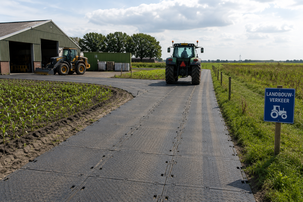 Kunststof rijplaten op een Gronings akkerbouwbedrijf tijdens de bietencampagne